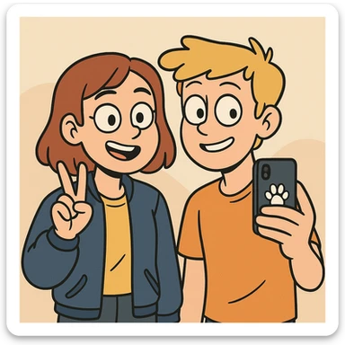 A girl yellow t-shirt blue girls bomber jackets ✌️A boy dark yellow hair Orange T-Shirt white dogs paw 🤳 sticker