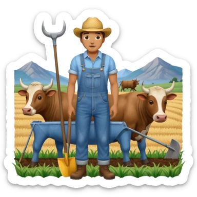 man with a plow and oxen in a field sticker