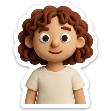 claymation style girl with curly chestnut hair wearing a white t-shirt, no background sticker