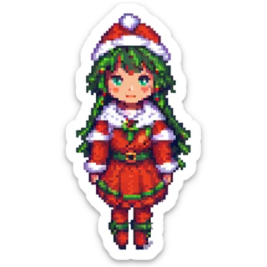 star guardian female character in a festive outfit, pixel art style sticker