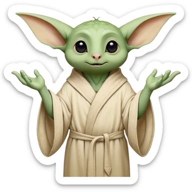 A small, green creature with large, pointy ears that extend outward. He has big, round, black eyes and a tiny nose. His skin is slightly wrinkled, especially on his forehead. He wears a loose, beige, high-collared robe with wide sleeves that cover most of his small body. His hands have three fingers, often shown reaching out. sticker