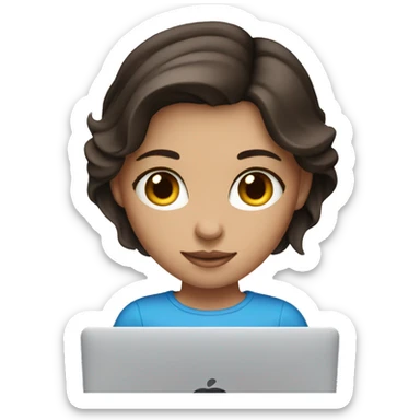 A brunette girl, blue eyes, works on a MacBook sticker