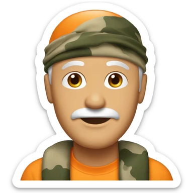 Old white man with stubble facial hair. Wearing a orange shirt and camouflage doorag sticker