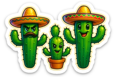 Edit the trio of cactuses with Mexican hats: make one cactus have a mustache and look angry, one cactus look sly or naughty, and one cactus look happy. Keep the background transparent. sticker