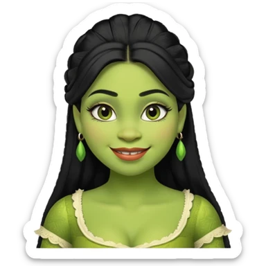 A beautiful girl Shrek, who has big eyelashes and had black hair. She has some makeup on too. She is dressed very very trendy. And she is smilingl. sticker