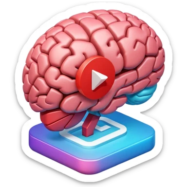 3D icon design, brain with YouTube play button symbol integrated into brain structure, glassmorphism style, soft shadows, gradient colors, modern app icon aesthetic, isometric view sticker