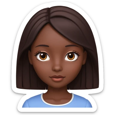 Boneca digital em estilo 3D realista e fofo, semelhante a uma boneca colecionável. Mulher jovem com pele negra, olhos castanhos escuros, cabelo liso cor chocolate, longo e bem alinhado.  sticker