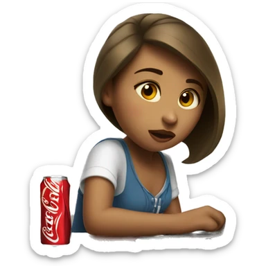 tired girl with laptop drinking coca-cola sticker