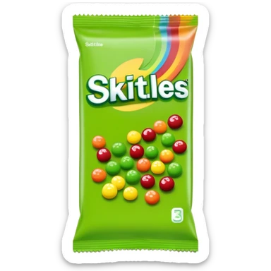 Extremely simple Skittles package design with only green candies, minimalist style sticker