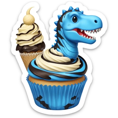 A cupcake having blue and black icing and a dinosaur as a decoration and ice cream next to it sticker