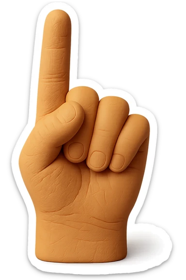 Change the hand to a tan skin tone, keeping the soft, retro plastic, hyper-realistic, toy-like look. The hand should be cut off cleanly below the wrist, viewed from the back, standing vertical with the pointer finger extended. No background. sticker