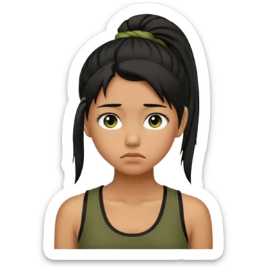 a tan girl with a black ponytail, black tank top, . Looking sad sticker