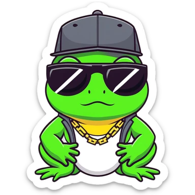 thug life frog with pixelated black sunglasses, gold chain, snapback hat, tough gangster pose sticker