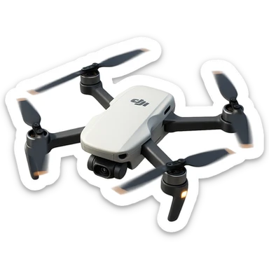Redesign the cricket ball to be white and transform it to look like a realistic DJI drone with DJI-style propellors and body, depicted flying. Remove the background completely, isolating the drone design. sticker