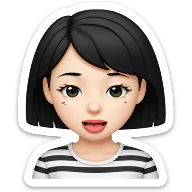 Black-haired girl, short to the neck, wearing white shirt with black stripes, With his head sideways, winking one eye, and sticking out his tongue  sticker