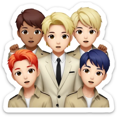 Cinematic Realistic BTS Portrait Emoji, depicted as a dynamic energetic portrayal of the global K-pop group with stylish modern attire and vibrant expressions, rendered with rich textures and bold contemporary lighting that captures their youthful charisma. sticker