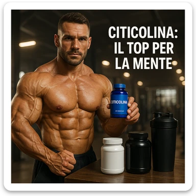 hyper realistic bodybuilder showing blue bottle of Citicolina next to supplements, defined muscles, text 'Citicolina: il top per la mente', gym environment, motivational atmosphere sticker