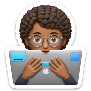 3D Apple Memoji–style emoji, brown-skinned male character, short curly hair, thick glasses, calm focused eyes, peeking over silver laptop, transparent PNG, 4K. sticker