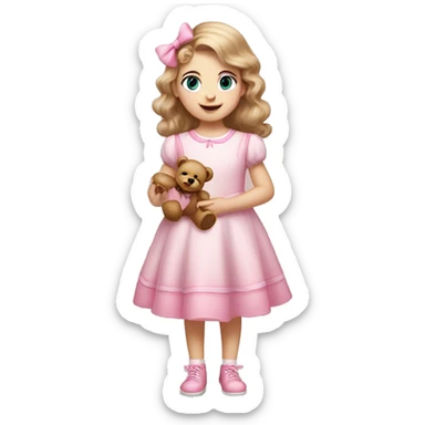 Little Girl with White skin, blue eyes. Light brown hair with pink bows in it.  She is wearing a pink and White dress, standing and holding on to a teddybear with a pink bows. sticker