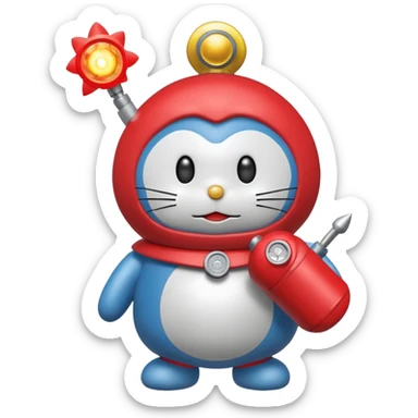 Red mad doraemon plush holding a nuke button sticker