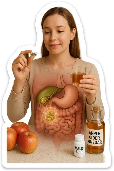 A detailed, realistic illustration or photo-style image showing a person holding a small glass of apple cider vinegar in one hand and a capsule labeled ‘Acido Malico’ in the other. In the foreground or as an overlay, a semi-transparent anatomical view of the abdomen highlights the gallbladder with visible small gallstones inside. Around the gallstones, gentle glowing waves or soft dissolving effects symbolize the softening or breakdown of the stones due to the natural acids. The person looks hopeful and calm, in a bright kitchen setting with fresh apples and natural health products on the counter. The overall mood is informative, natural, and hopeful about non-invasive, natural support for gallstone health sticker