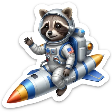 raccoon astronaut riding a rocket sticker