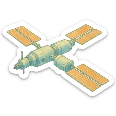 ghibli style illustration of Tiangong orbital station with soft colors sticker