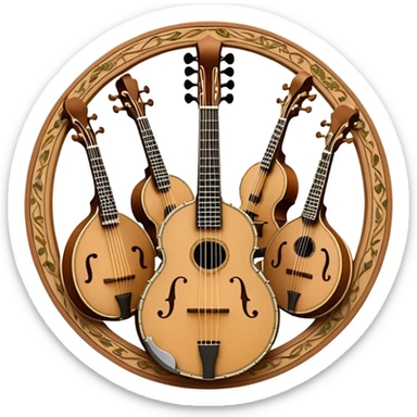 Design a sophisticated and festive emblem-like emoji representing plucked and stringed instruments. The layout should resemble a heraldic crest, featuring iconic instruments like a banjo, mandolin, domra, and sitar, artistically arranged in an elegant and symmetrical way. The necks of the instruments should be intertwined with a flowing ribbon of musical notes, winding around the strings and fretboards. The design should be detailed, showcasing the intricate carvings on the instruments, visible strings, and fret markers. Use a rich color palette with deep golds, browns, and vibrant accents to evoke a sense of luxury and celebration. The musical notes should appear to float around the instruments, connecting them in a graceful, dynamic way. Include ornate flourishes or decorative elements like laurels, swirls, or subtle engravings to give the image a professional, emblematic appearance. The background should be transparent. sticker