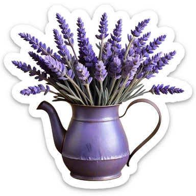 An overflowing bouquet of dried lavender, arranged in a weathered metal pitcher with a patina of age, displays a harmonious blend of dusky mauve, soft periwinkle, and rich indigo hues. A frayed velvet ribbon in deep violet wraps loosely around the handle, as stray lavender stems spill over the edge, filling the air with their soothing fragrance.
 sticker