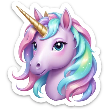 Cinematic pastel-colored unicorn, flowing iridescent mane, big sparkling eyes, tiny rounded hooves, soft chubby cheeks, delicate magical glow surrounding, enchanting and dreamy. sticker