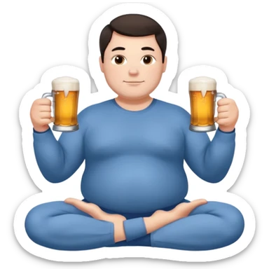 big white guy sitting in yoga pose, winter dressed, short dark hair, holding beer mugs in two hands, sitting sticker