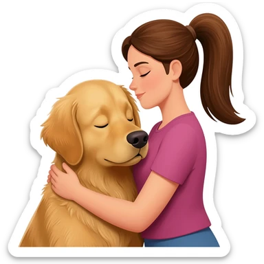 woman using ponyhair brownhair is hugging a golden retriever dog sticker