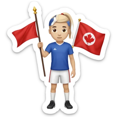 A pony tail hair boy holding a big team flag, waving it proudly with a determined expression. sticker