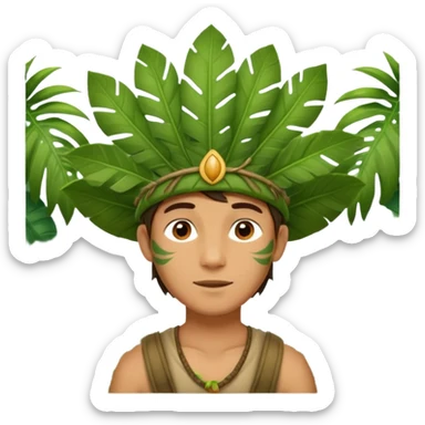 a young man explorer with jungle wearing a large leaf headgear bye  sticker