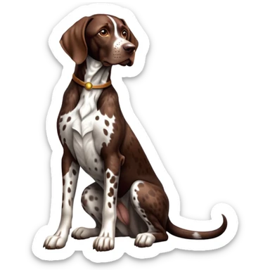 cinematic-[german pointer]-realistic-full-body-sitting-emoji,-tail-resting-loosely-beside-its-paws,-head-tilted-dramatically,-sleek-[brown and white spotted]-fur,-simplified-yet-realistic-focused-features,-highly-detailed,-glowing-with-an-almost-sarcastic-glow sticker