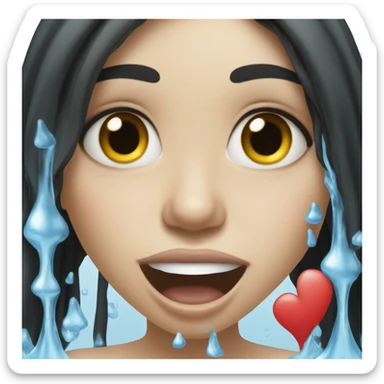 Emoji of a black-haired, white-skinned girl with water coming out of her mouth and hearts coming out of her head. sticker