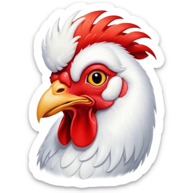 Cinematic Cute White Rooster Portrait Emoji, Head tilted playfully and inquisitively, featuring a glossy, immaculate white plumage with a vibrant red comb, round, sparkling eyes filled with curiosity, Simplified yet irresistibly adorable features, highly detailed, glowing with a warm, friendly glow, high shine, affectionate and spirited, stylized with a touch of farmyard whimsy, bright and endearing, soft glowing outline, capturing the essence of a mischievous yet loving rooster, so playful it feels like it could strut out of the screen and into your arms! sticker