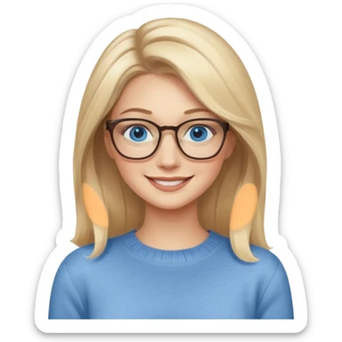hyper realistic glamourous pale woman, Long blonde balayage hair, smiling, beige sweater, blue eyes and glasses sticker