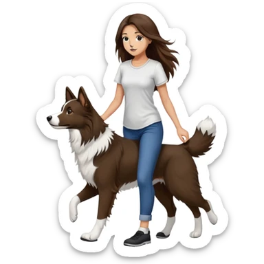 A beautiful girl with long brown hair and wearing a tight short-sleeved shirt is walking a black and white Border Collie sticker