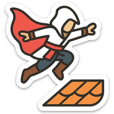 assassin's creed character leaping from a rooftop, cape flowing, minimalist, rounded, soft lines, simple shapes, Airbnb icon style sticker