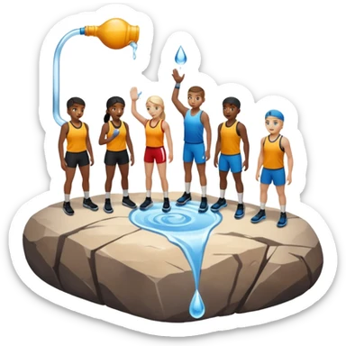 water pouring onto rocks with team sticker