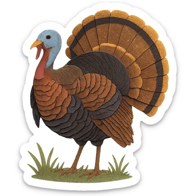 Eastern Wild Turkey standing in grass, delicate paper layers, realistic feather patterns, subtle color variations, fanned tail sticker