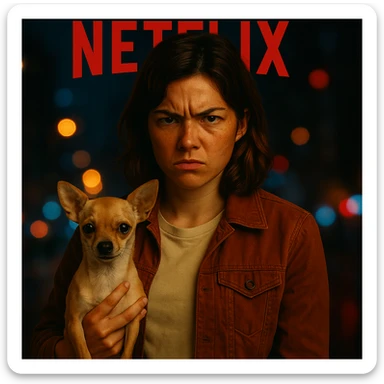 Add a blurred urban nighttime background behind the woman and the chihuahua, in the style of a Netflix series poster, keeping all other elements identical. sticker