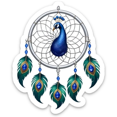 a Silver Dreamcatcher with sapphire-stones and emerald-stones, and with peacock-feathers. Big sapphire gem in the middle. Many tiny emeral gems around it.   sticker