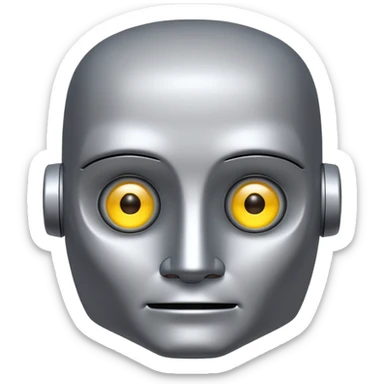 Silver robot with a square head, no hair, yellow eyes without pupils, thick moustache, wearing a tuxedo, buff sticker