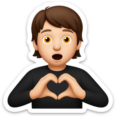Edit the apple style emoji of a boy with brown hair to have longer hair and his hands forming a heart shape. Keep the boy wearing a black shirt, with wide open eyes and mouth, front view, and no background. Maintain the apple emoji style look. sticker