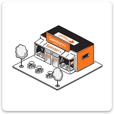 Isometric Sainsbury's supermarket with orange branding, Nectar card logo visible, shopping trolley collection points, and cafe area with outdoor seating sticker