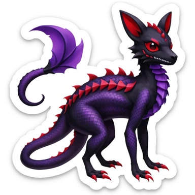 Gothic Black red purple Scaley Exotic Salandit-Umbreon-Noibat-Fakémon-hybrid-creature (full body), 4 legs, skull face mask sticker