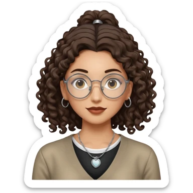 chica morena de ojos claros con gafas exagonales redondeadas. y pelo rizado castaño con todo el pelo recogido en una coleta . y un collar de plata sticker