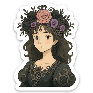 gothic flower crown, mix of black, pink, and purple flowers, ornate details, elegant, whimsical, soft lighting sticker
